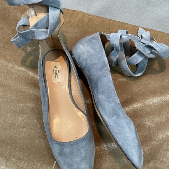 VALENTINO Garavani Suede Ankle Wrap Blue Suede Ballet Flats IT 38.5 - Picture 5 of 13